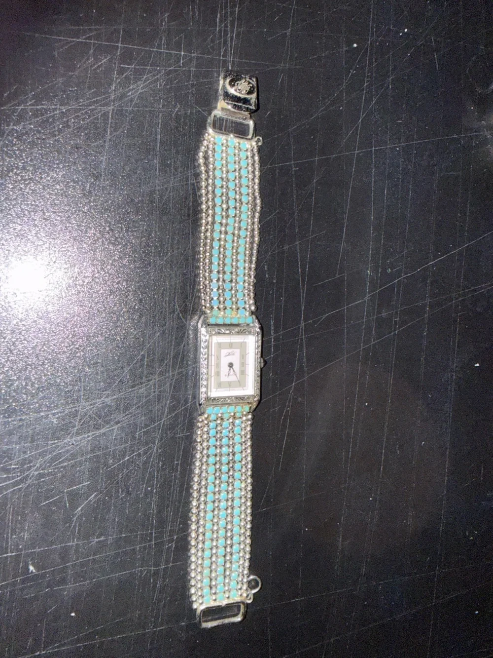 Vintage Kirks Folly Silver Watch with Turquoise Beaded Strap